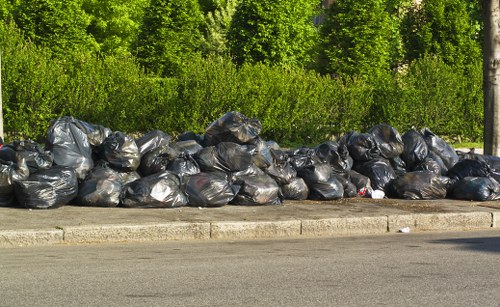 A large collection of black plastic rubbish bags piled along the pavement edge, with some bags appearing tightly knotted and others loosely gathered. The bags contain mixed waste and are positioned directly adjacent to a concrete curb, with a road in the foreground. Behind the rubbish, there is a dense area of green foliage, trees with leafy branches, and bushes, indicating an outdoor setting likely near a residential or park area within Paddington. The sunlight casting shadows suggests a bright, clear day, and the scene appears to be part of a rubbish removal effort by Commercial Waste Paddington, emphasizing their local service capability for waste collection and disposal.